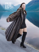 Dark brown raccoon fur coat with long sleeves, oversized collar, open front