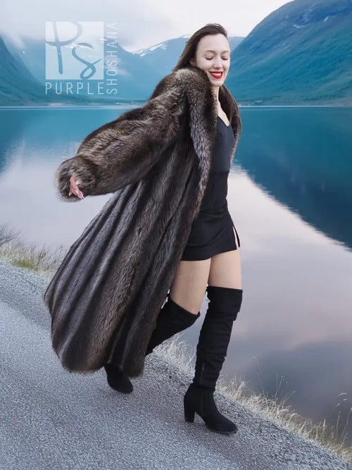 Dark brown raccoon fur coat with long sleeves, oversized collar, open front