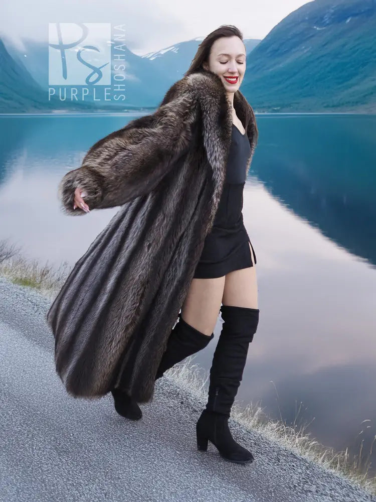 Dark brown raccoon fur coat with long sleeves, oversized collar, open front