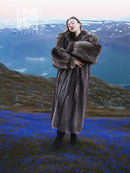 Long raccoon fur coat with thick fur cuffs, dark gray color and open front silhouette