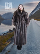 Raccoon fur coat, long dark gray-brown with shawl collar and full button front