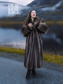 Raccoon fur coat with thick shawl collar and folded cuffs, long dark fur