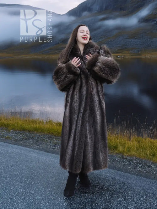 Raccoon fur coat with thick shawl collar and folded cuffs, long dark fur