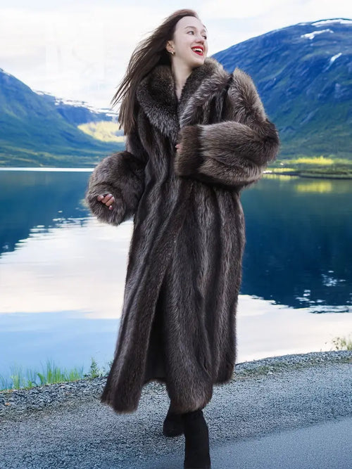 Dark gray-brown raccoon fur long coat with hood, front closure and roomy sleeves