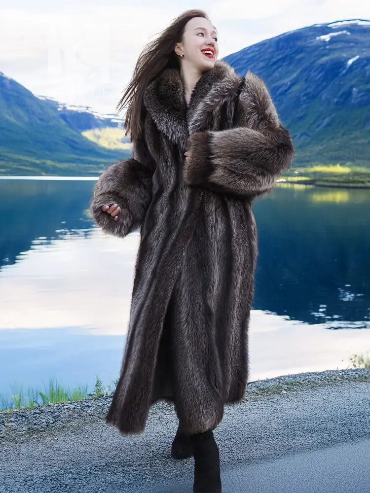 Dark gray-brown raccoon fur long coat with hood, front closure and roomy sleeves