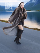 Long dark gray-brown raccoon fur coat with hood, draped sleeves and flared skirt hem