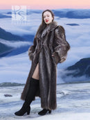 Long raccoon fur coat, dark gray, full-length with stand collar and voluminous arm coverage