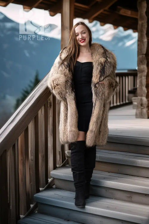 Raccoon fur coat with open front, oversized collar, and soft flared sleeves
