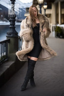 Golden honey & chestnut raccoon fur coat, open front, long sleeves