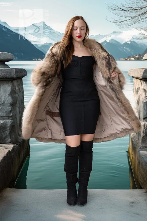 Fluffy fur coat in golden honey and chestnut tones, open front, long sleeves
