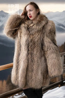 Close view of golden honey raccoon fur coat collar and buttoned front