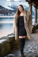 Mid-length raccoon fur coat, relaxed fit, V-neck open front, side profile