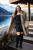 Golden honey and chestnut raccoon fur coat with wide open collar