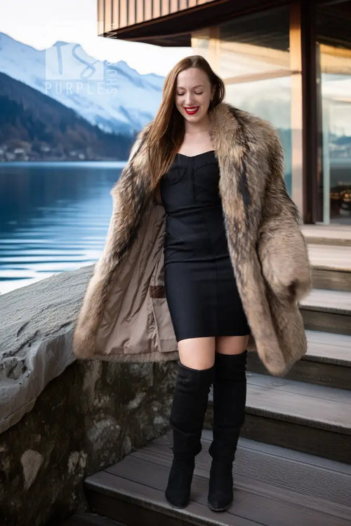 Golden honey and chestnut raccoon fur coat with wide open collar
