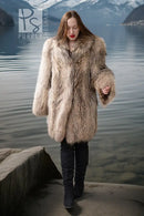 Golden honey raccoon fur coat with deep textured pile, long sleeves and V neckline