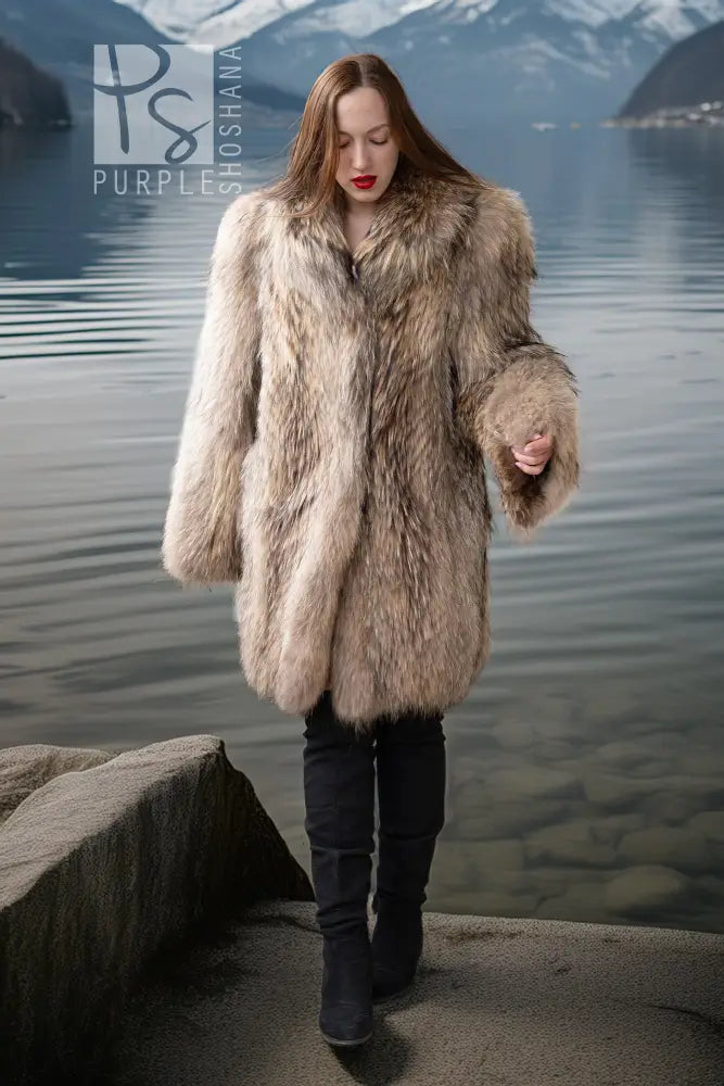 Golden honey raccoon fur coat with deep textured pile, long sleeves and V neckline