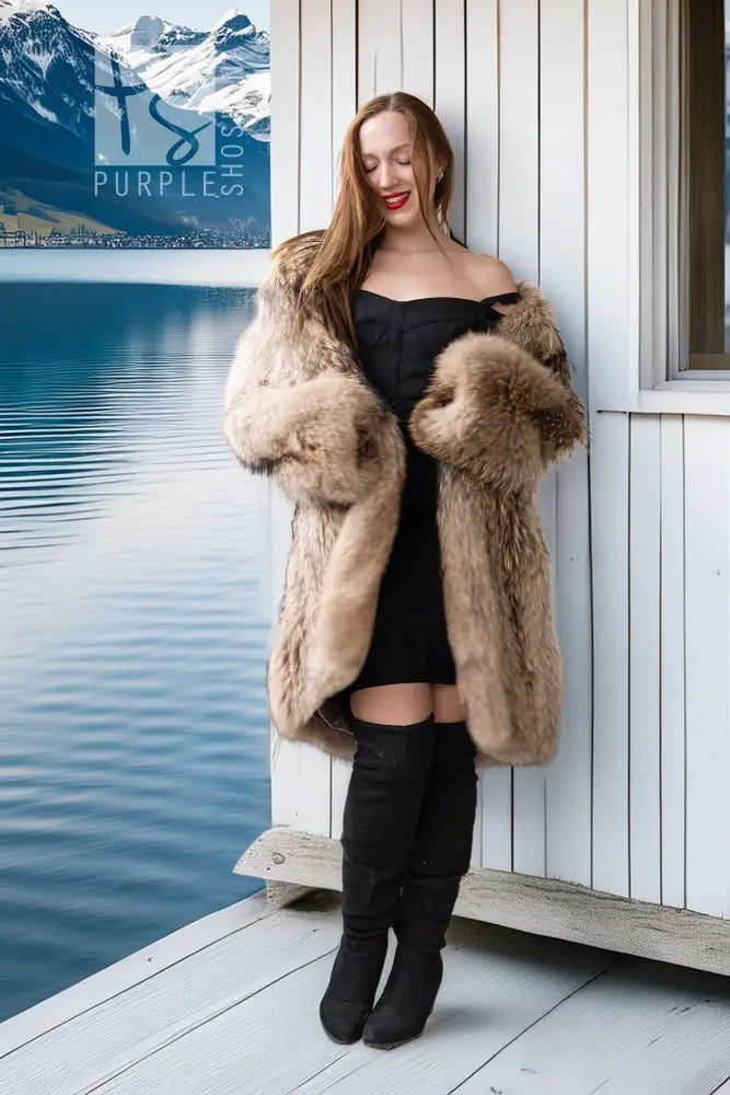 Honey-gold raccoon fur coat with soft, plush cuffs and a V neckline over black dress