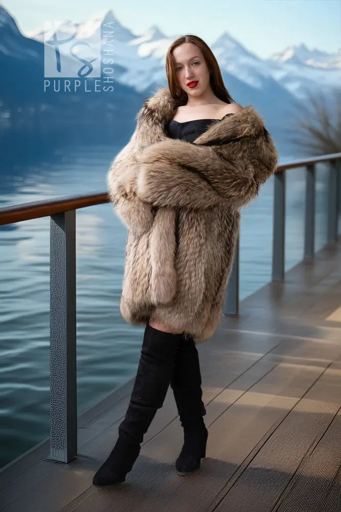 Raccoon fur coat in golden honey tones, folded arms style with wide fur collar