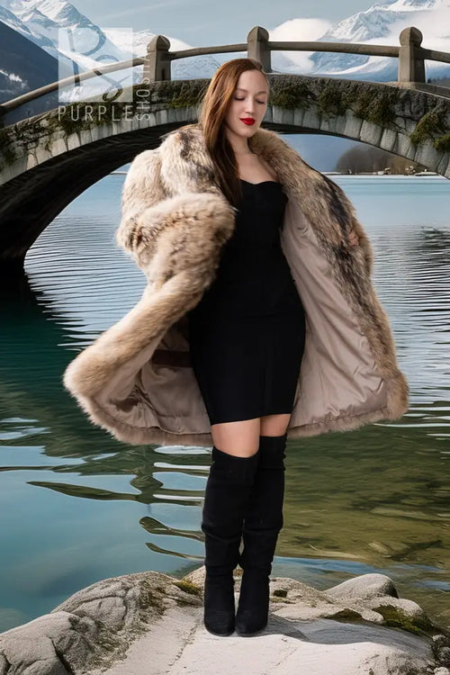 Raccoon fur coat with oversized sleeves, open front showing a black mini dress