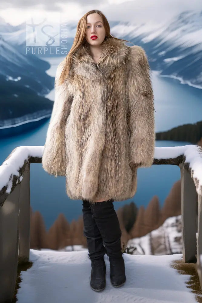 Raccoon fur coat in golden honey with chestnut highlights, stand collar and straight cut