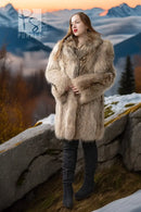 Raccoon fur coat with chestnut-brown accents, oversized collar and long sleeves