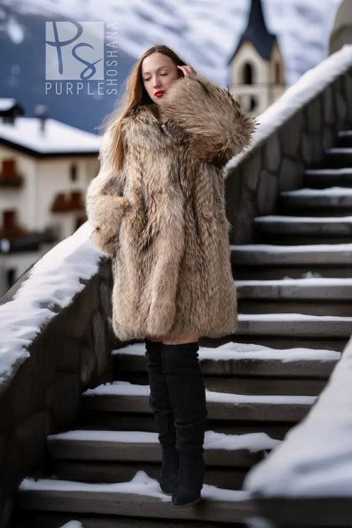 Raccoon fur coat with plush shag texture, stand collar, knee-length