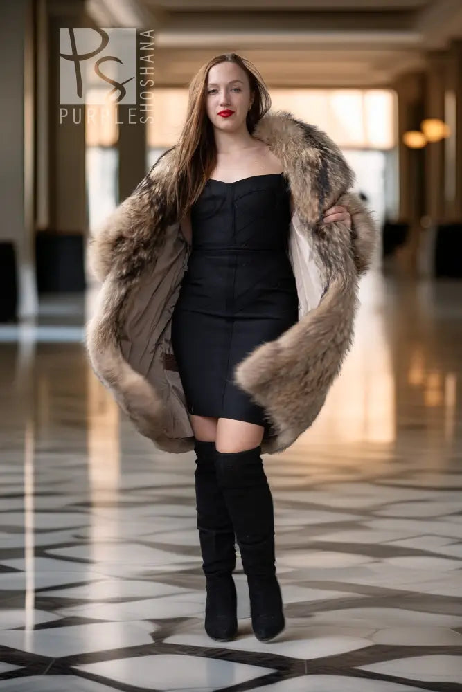 Golden honey raccoon fur coat, front view with open neckline and fitted sleeves