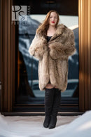 Raccoon fur coat in golden honey tones, front open with structured lapels