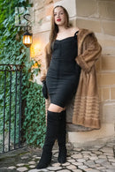Pastel mink fur coat, tan/beige, mid-length with banded fur panels and open front