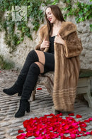 Pastel mink fur coat, tan/beige, draped open front, wide hoodless collar, plush fur