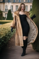Pastel mink fur coat, tan/beige, knee-length banded texture, wide hoodless collar