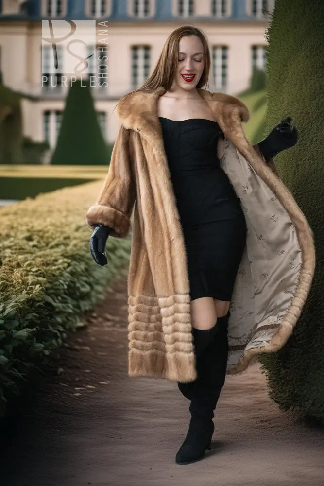 Pastel mink fur coat, tan/beige, knee-length banded texture, wide hoodless collar