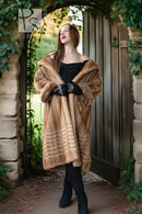 Pastel mink fur coat, tan/beige, hoodless collar, open front, plush fur texture