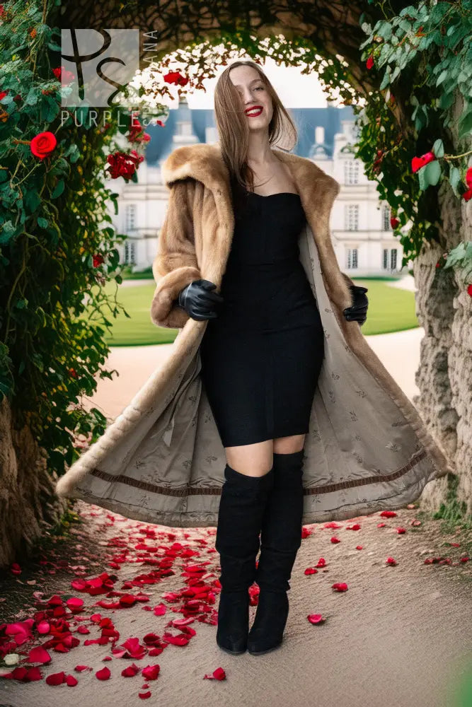 Pastel mink fur coat, tan/beige, full sleeves with thick cuffs, open hoodless design