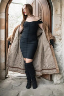 Pastel mink fur coat, tan/beige, draped open front with wide collar and long sleeves