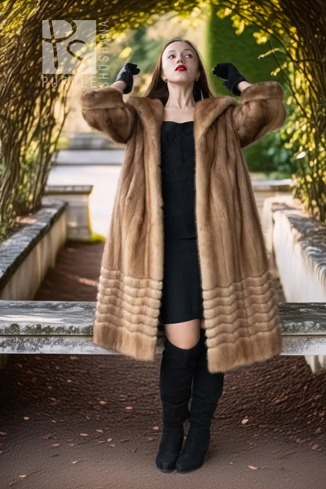 Pastel mink fur coat, tan/beige, mid-length with wide collar and open front