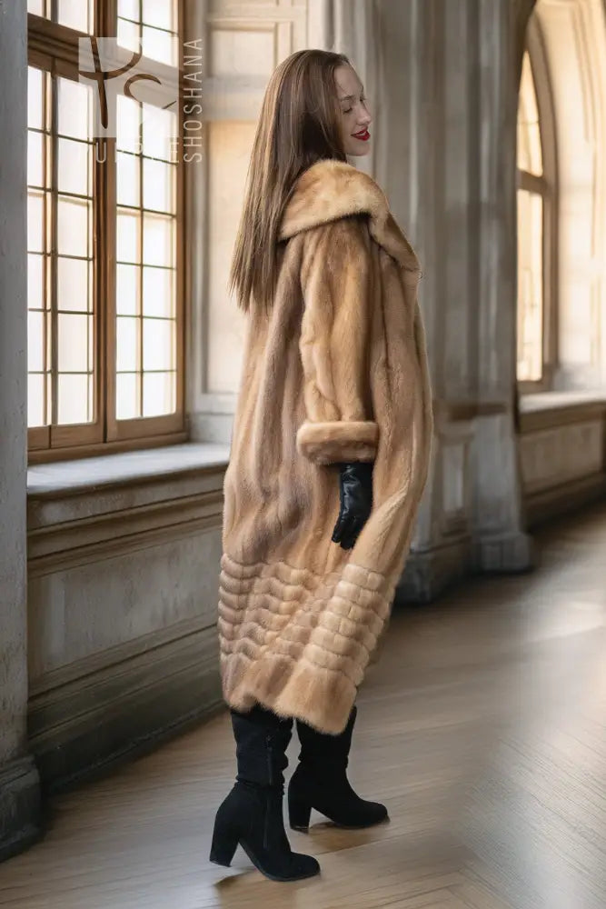 Tan mink coat with fur stand collar and hood, long sleeves, straight hem