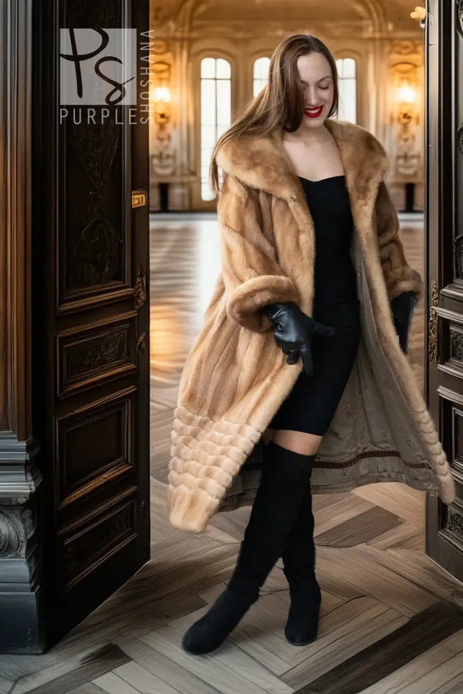 Tan mink fur long coat with hood and ribbed hem, styled over a black dress