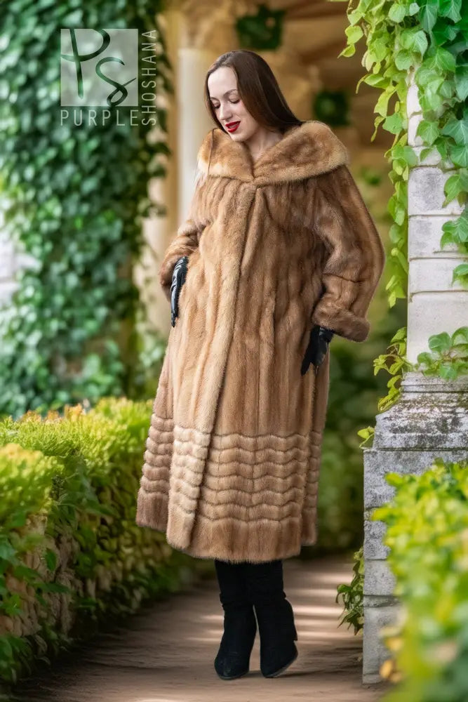 Pastel mink fur coat, tan/beige, full-length with wide collar and open front