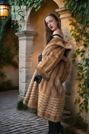 Pastel mink fur coat, tan/beige, hoodless wide collar, full sleeves, open front