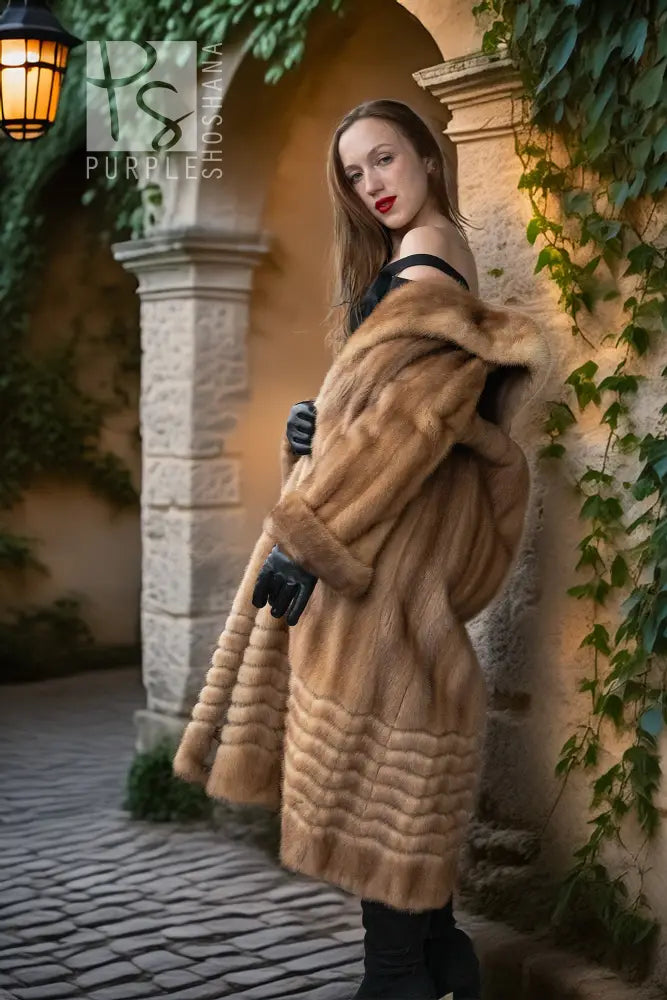 Pastel mink fur coat, tan/beige, hoodless wide collar, full sleeves, open front