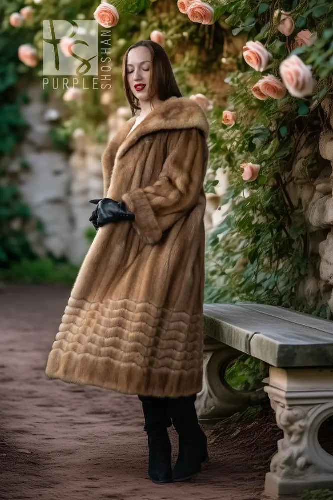 Pastel mink fur coat, hooded, long sleeves, tied waist, tan/golden