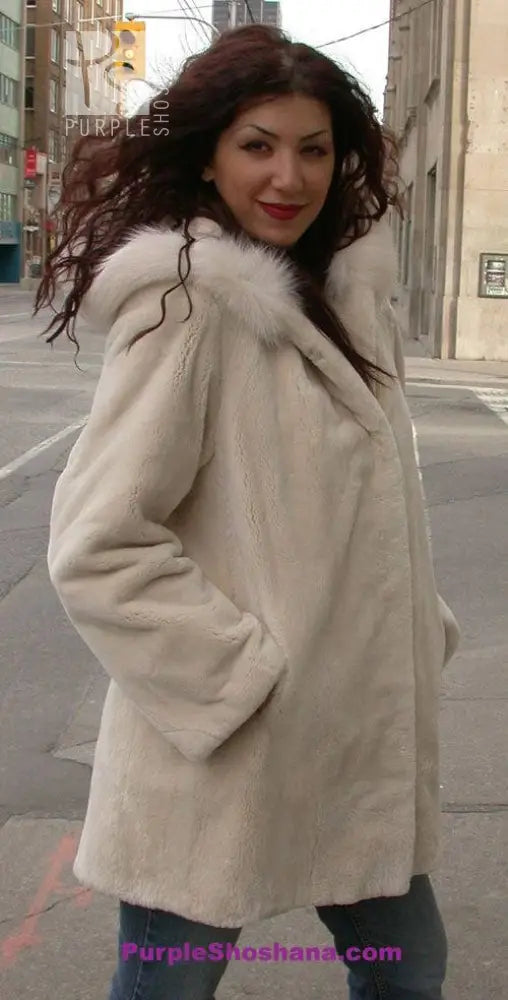 Hooded Cream Sheared Beaver Fur Coat S / M