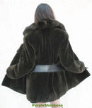Women's dark fur coat, back hood and scalloped hem with wide belt