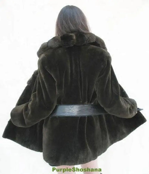 Women's dark fur coat, back hood and scalloped hem with wide belt