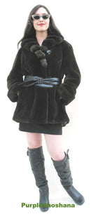 Women's dark fur coat with chinchilla collar and belted waist, front view