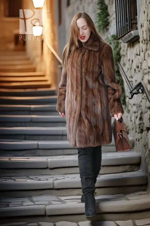 Demi-buff mink stroller coat in brown with thick pile and buttonless front