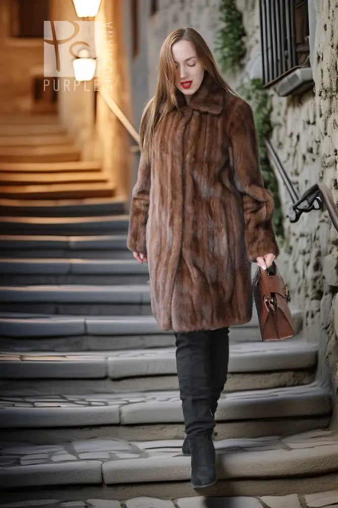 Demi-buff mink stroller coat in brown with thick pile and buttonless front
