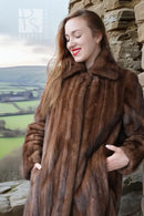 Close-up of brown demi-buff mink stroller coat collar and vertical fur panels