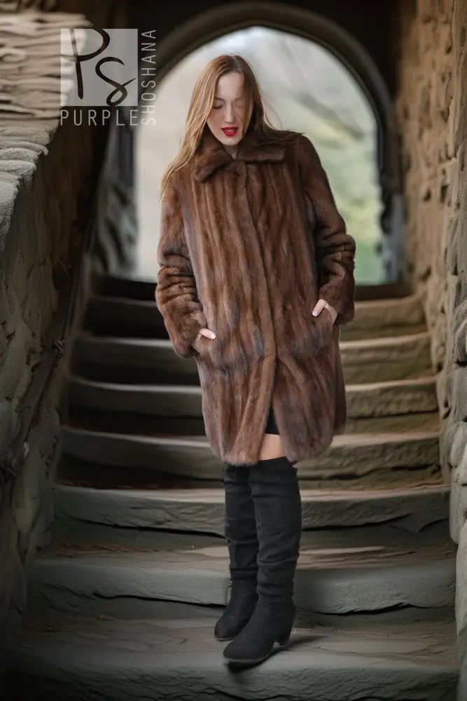 Brown demi-buff mink stroller coat with full length hem and shawl collar